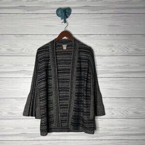 Chicos Travelers Beige Black Open Front Wide Sleeve Cardigan Sweater 0 US Small